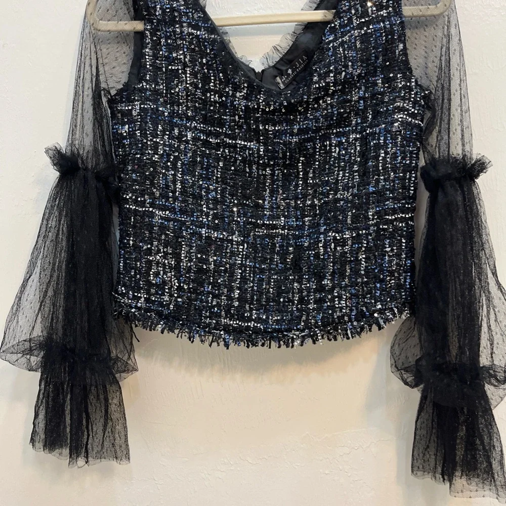 JIA Women Sheer Lace‎ Blouse Black Tiered Ruffle Sleeves Bohemian Goth Small y2k - Picture 6 of 14